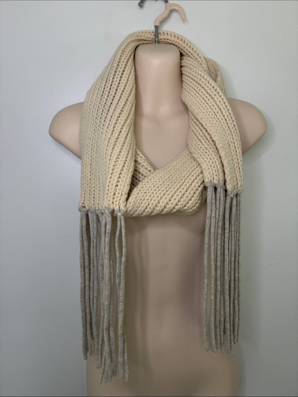 J. Crew Cream Knit Grey Fringe Wrap Scarf